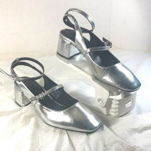 Pull & Bear Women’s Metallic Silver Slingback 2 Straps Mary Jane Shoes About You